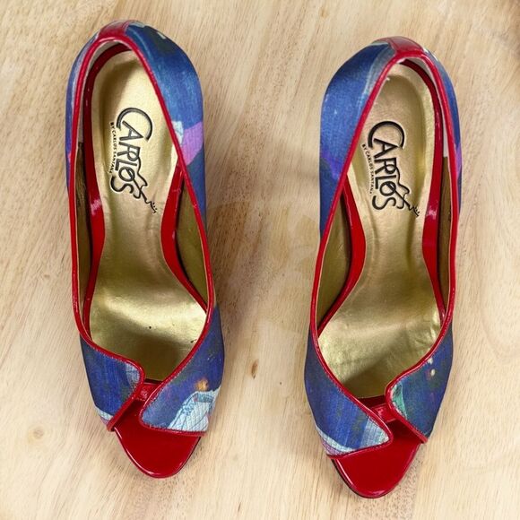 Carlos by Carlos Santana Pounce Graffiti Print Peep Toe Pumps Red Multi 6 - Picture 4 of 11